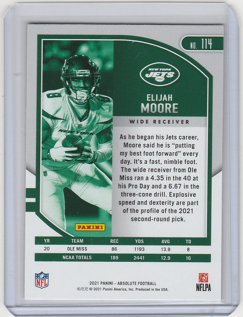 Elijah Moore New York Jets action shot on 2021 Panini Absolute trading card