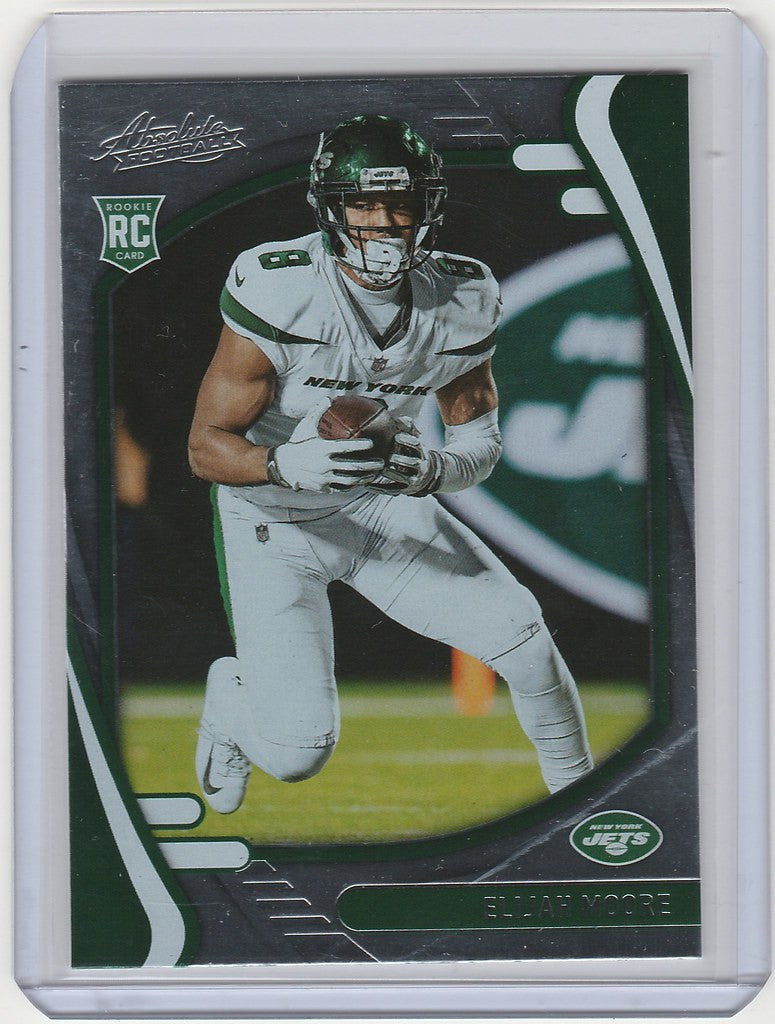 Football trading card of Elijah Moore running for the New York Jets in Panini Absolute