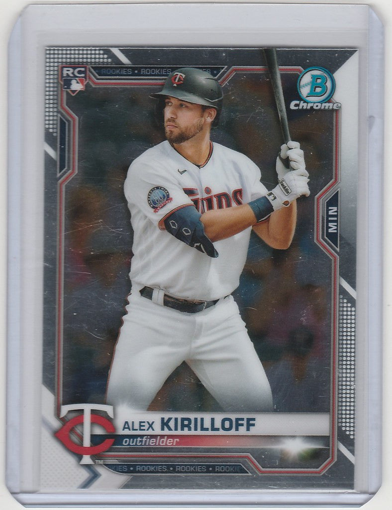 Baseball card of Alex Kirilloff in batting stance for Minnesota Twins, 2021 Bowman Chrome