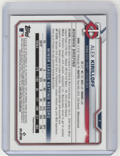 Baseball trading card featuring Alex Kirilloff Minnesota Twins player statistics