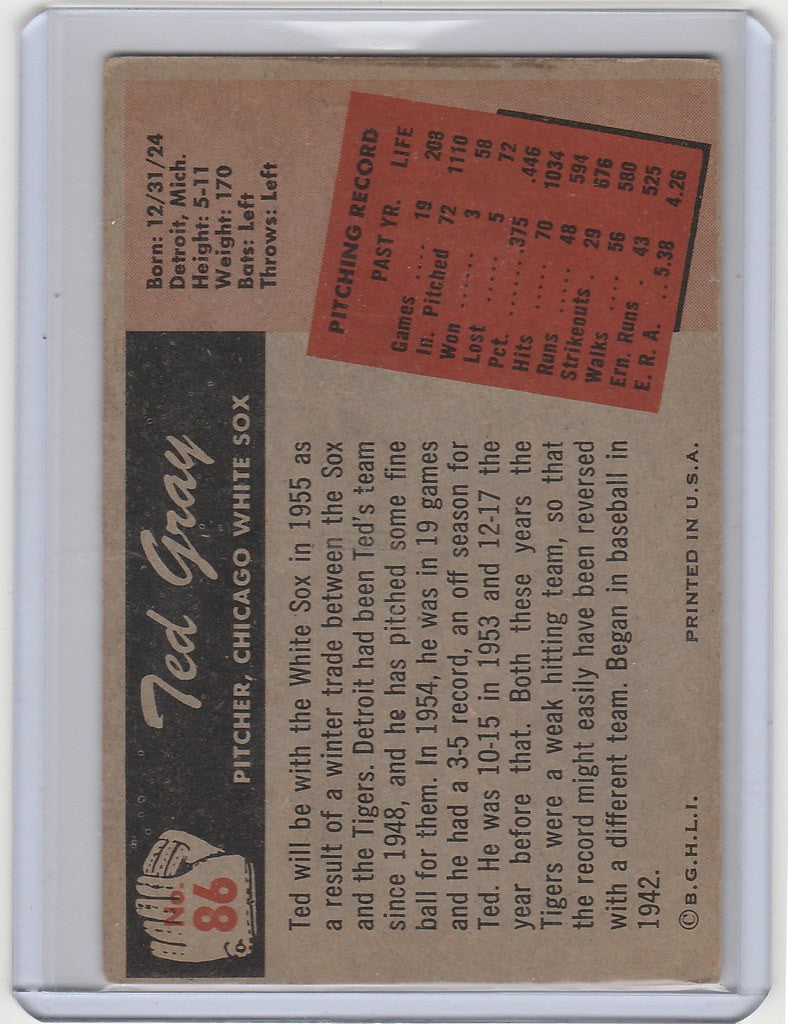 Vintage 1955 Bowman #86 Ted Grey Chicago White Sox baseball card with player stats