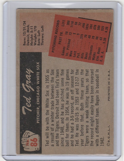 Vintage 1955 Bowman #86 Ted Grey Chicago White Sox baseball card with player stats