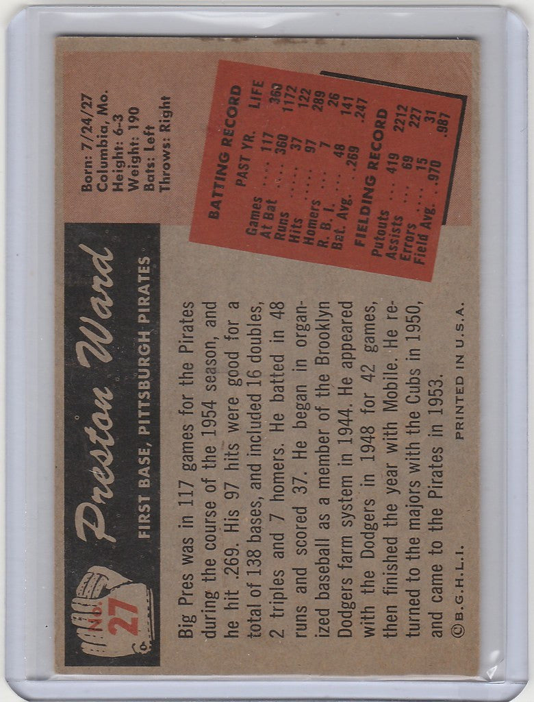 Vintage 1955 Bowman #27 Preston Ward Pittsburgh Pirates baseball card with stats and bio