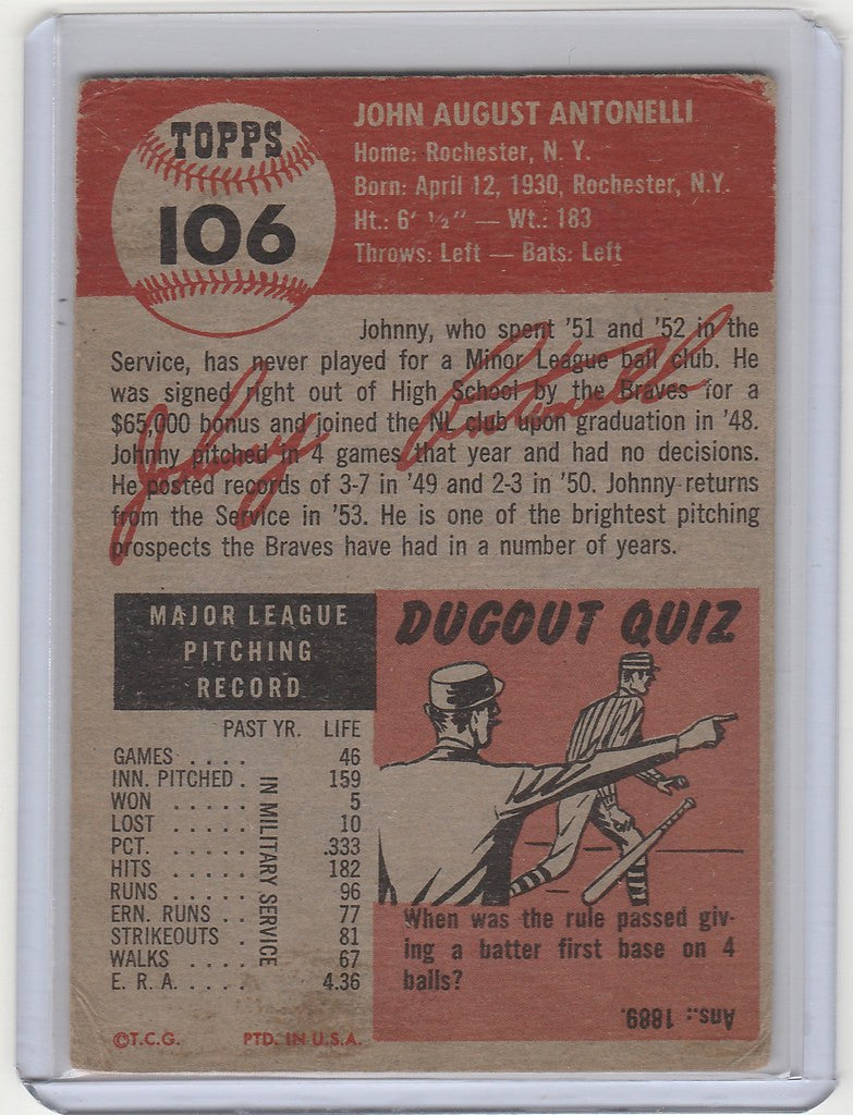 Vintage baseball card of John Antonelli with statistics from the Boston Braves 1953 Topps