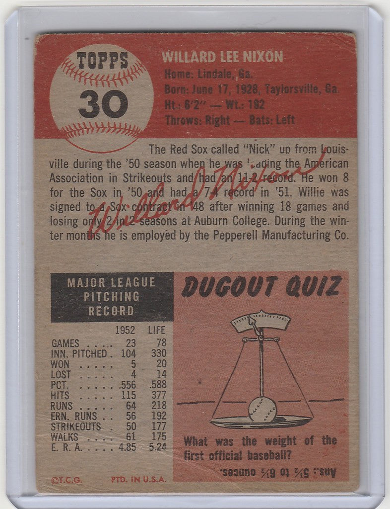 Vintage 1953 Topps baseball card of Willard Nixon Boston with statistics and quiz question