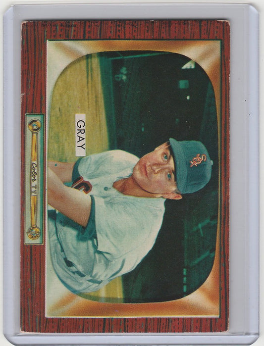 Baseball card of Ted Grey, Chicago White Sox player in light blue uniform swinging bat