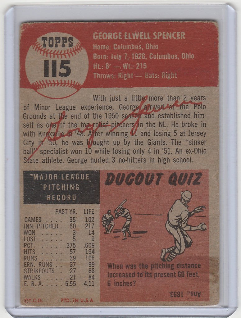 Vintage trading card of George Spencer from New York Giants with stats and Dugout Quiz