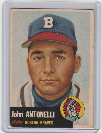 Vintage baseball card of John Antonelli Boston Braves pitcher with team logo