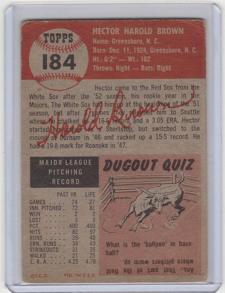 Vintage baseball card of Hal Brown Boston Red Sox with stats and Dugout Quiz section