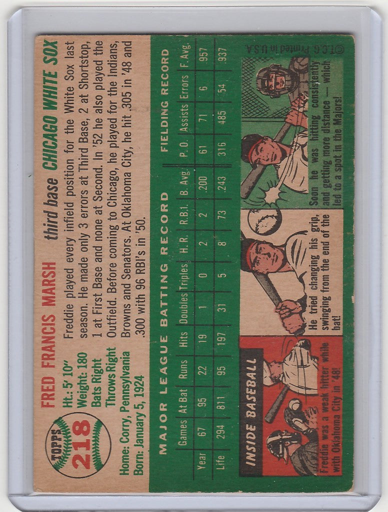 Vintage 1954 Topps #218 Fred Marsh Chicago White Sox card with player stats and artwork