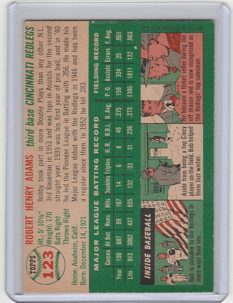 Vintage 1954 Topps Bobby Adams Cincinnati Reds EXMT baseball card with player stats and artwork