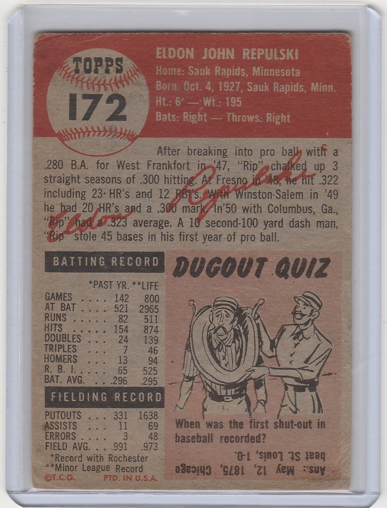 Vintage 1953 Topps #172 Rip Repulski St Louis Cardinals card with player stats and Dugout Quiz