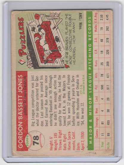 Vintage 1955 Topps Gordon Jones St. Louis Cardinals VGEX baseball card with stats