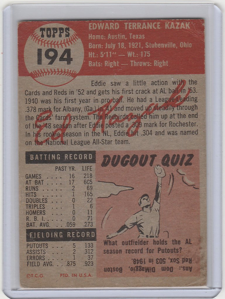 Vintage baseball card of Eddie Kazak Detroit featuring player stats and Dugout Quiz