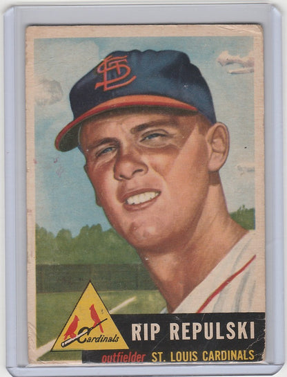 Baseball card of Rip Repulski smiling in his St. Louis Cardinals cap