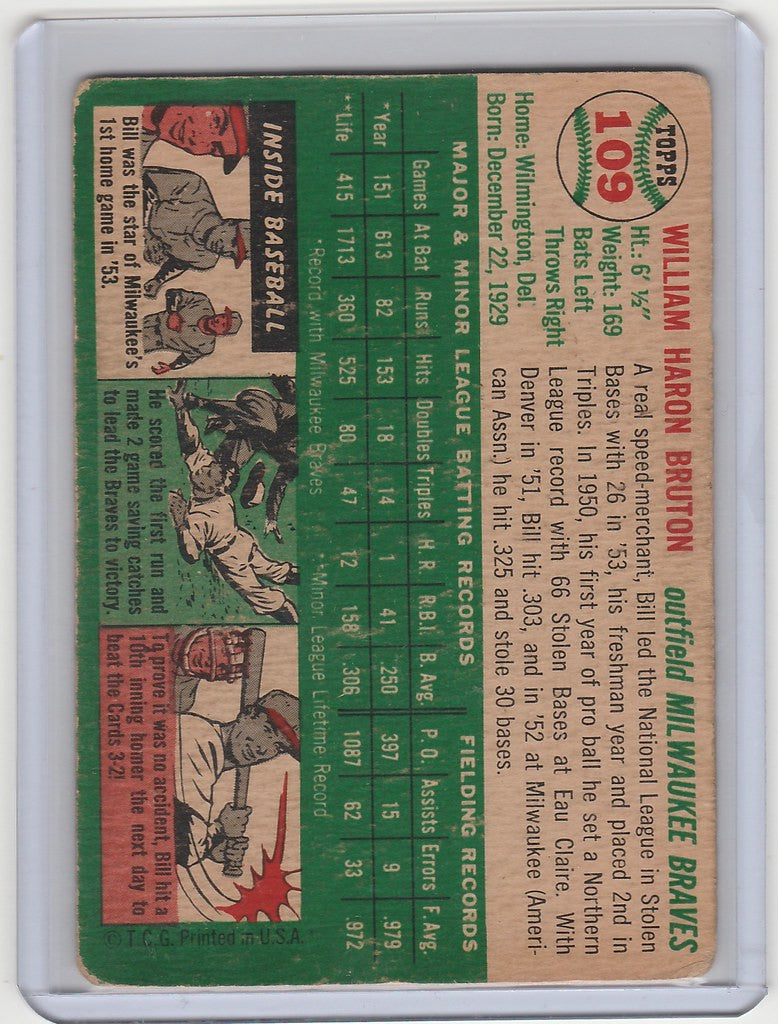 Vintage 1954 Topps #109 card of Bill Bruton from the Milwaukee Braves with player stats