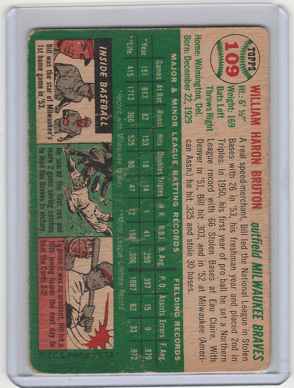 Vintage 1954 Topps #109 card of Bill Bruton from the Milwaukee Braves with player stats