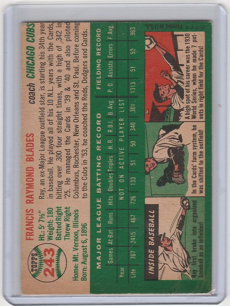 Vintage 1954 Topps #243 Ray Blades Chicago Cubs EXMT baseball card with player stats