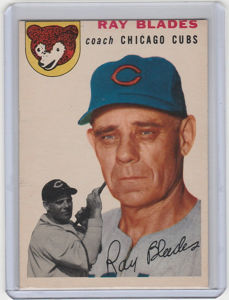 Baseball card of Ray Blades, Chicago Cubs coach, featuring team cap and player inset