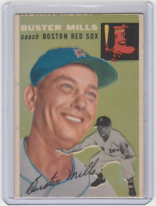 Baseball card of Buster Mills smiling in a Boston Red Sox cap from 1954 Topps