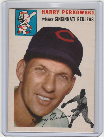 Vintage baseball card of Harry Perkowski Cincinnati Reds pitcher from 1954 Topps