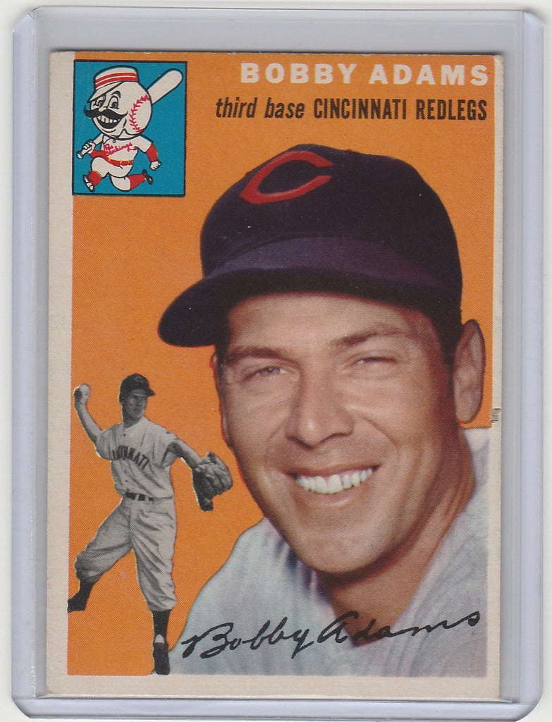 Vintage baseball card of Bobby Adams Cincinnati Reds in action pose and smiling portrait