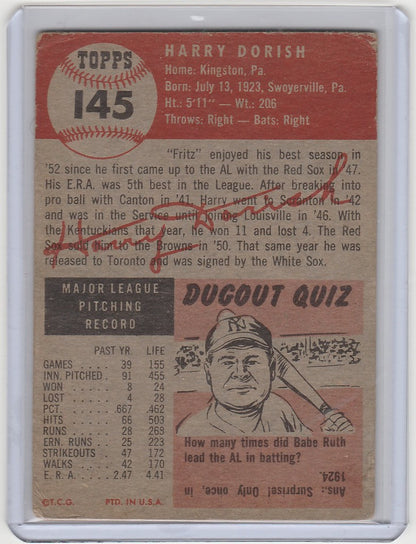 Vintage baseball card of Harry Dorish from Chicago White Sox with player stats and quiz