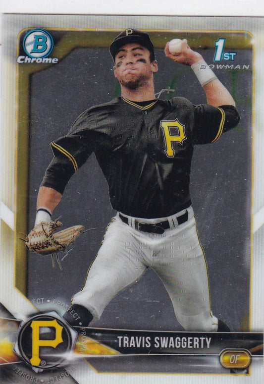 Baseball player mid-pitch in Pittsburgh Pirates uniform, Travis Swaggerty Prospect