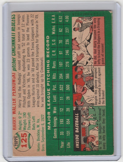 Vintage baseball card of Harry Perkowski Cincinnati Reds with player stats and action illustrations