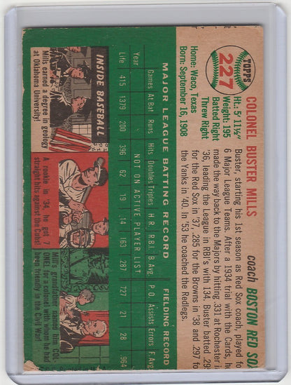 Vintage baseball card of Buster Mills from the Boston Red Sox with colorful stats