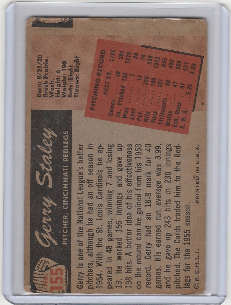 Vintage 1955 Bowman #155 Gerry Staley Cincinnati Reds baseball card with stats and bio