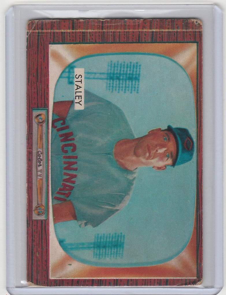 Vintage 1955 Bowman Gerry Staley Cincinnati Reds baseball card in light blue uniform