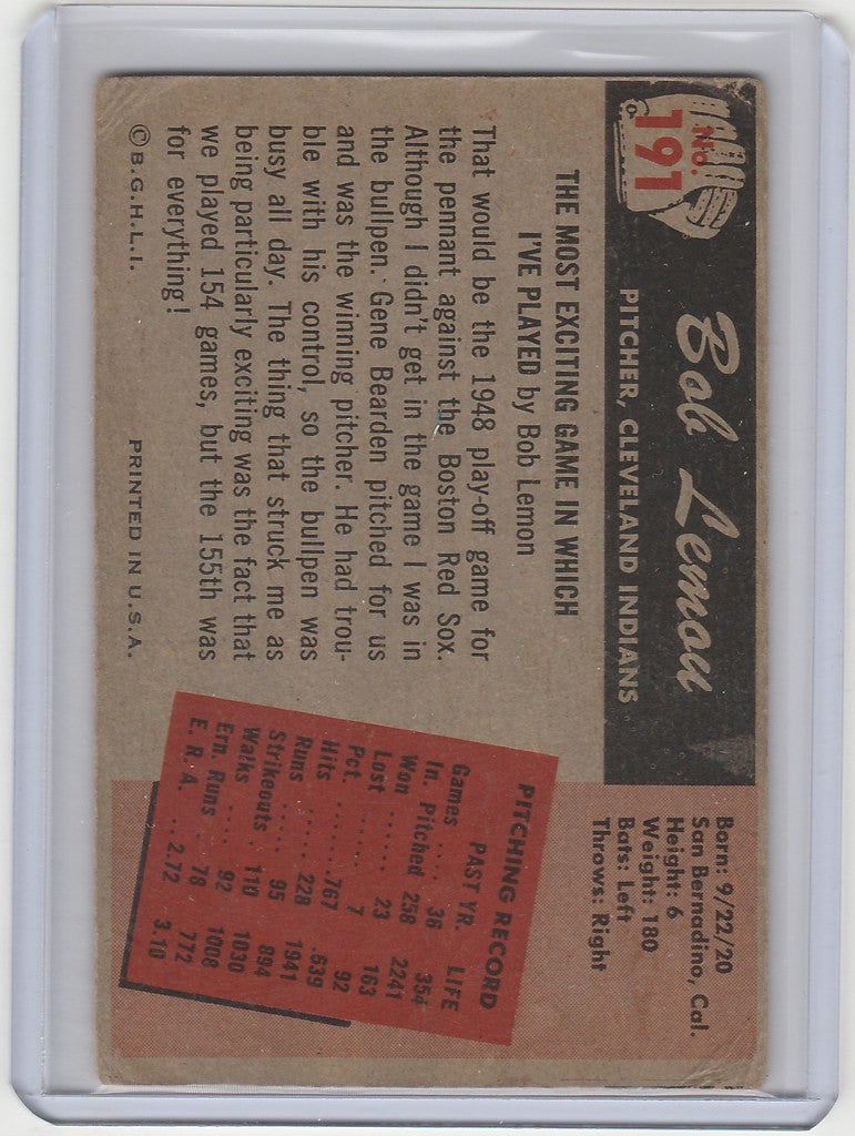 Vintage baseball card of Bob Lemon, Cleveland Indians, with stats and bio details