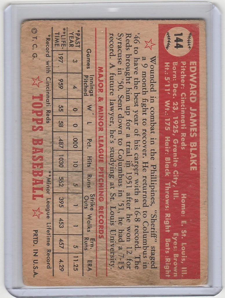 Vintage baseball card of Ed Blake from the Cincinnati Reds with player statistics