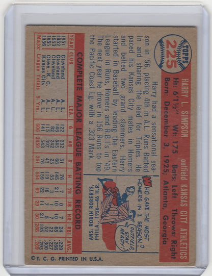 Vintage baseball card of Harry Simpson Kansas City Athletics with player stats and illustration