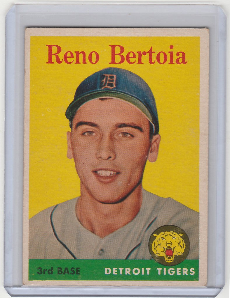 Baseball card of Reno Bertoia from the Detroit Tigers with a yellow background