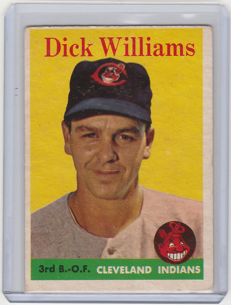 Baseball card of Dick Williams, Cleveland Indians player in team cap, 1958 Topps #79