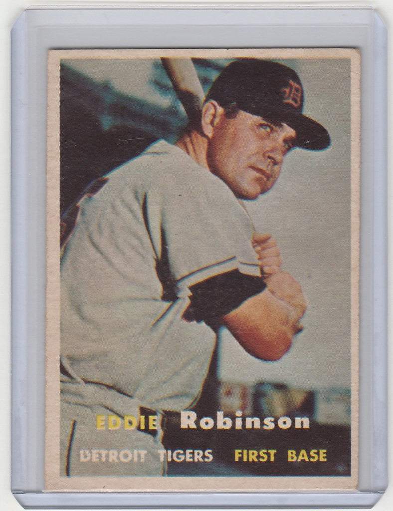 Vintage baseball card of Eddie Robinson Detroit Tigers in batting stance EXMT condition