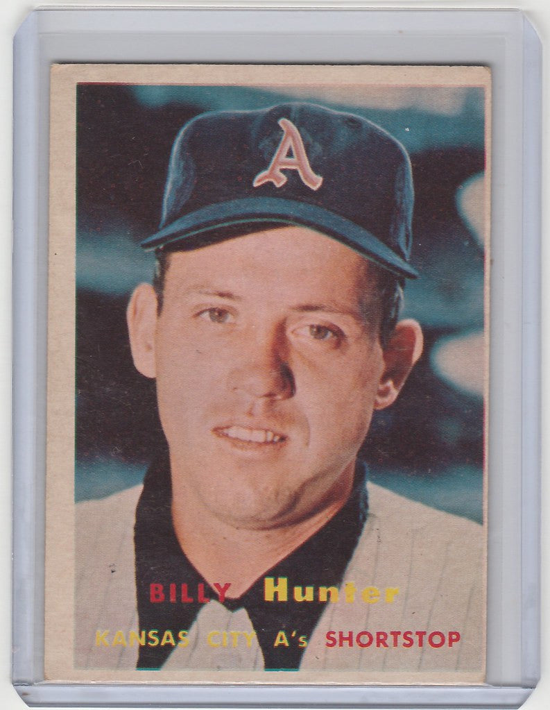 Baseball card of Billy Hunter from Kansas City Athletics wearing A logo cap