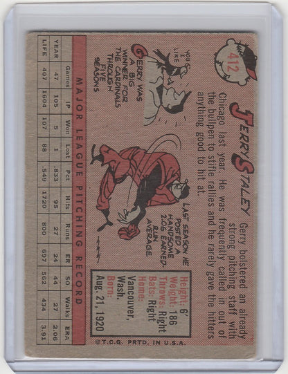 Vintage 1958 Topps Jerry Staley Chicago White Sox trading card with player statistics