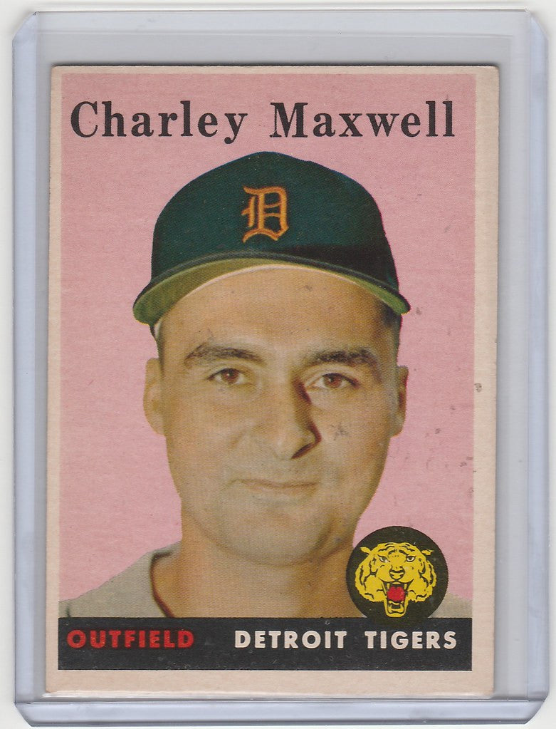 Baseball card of Charley Maxwell Detroit Tigers in green cap, 1958 Topps EXMT