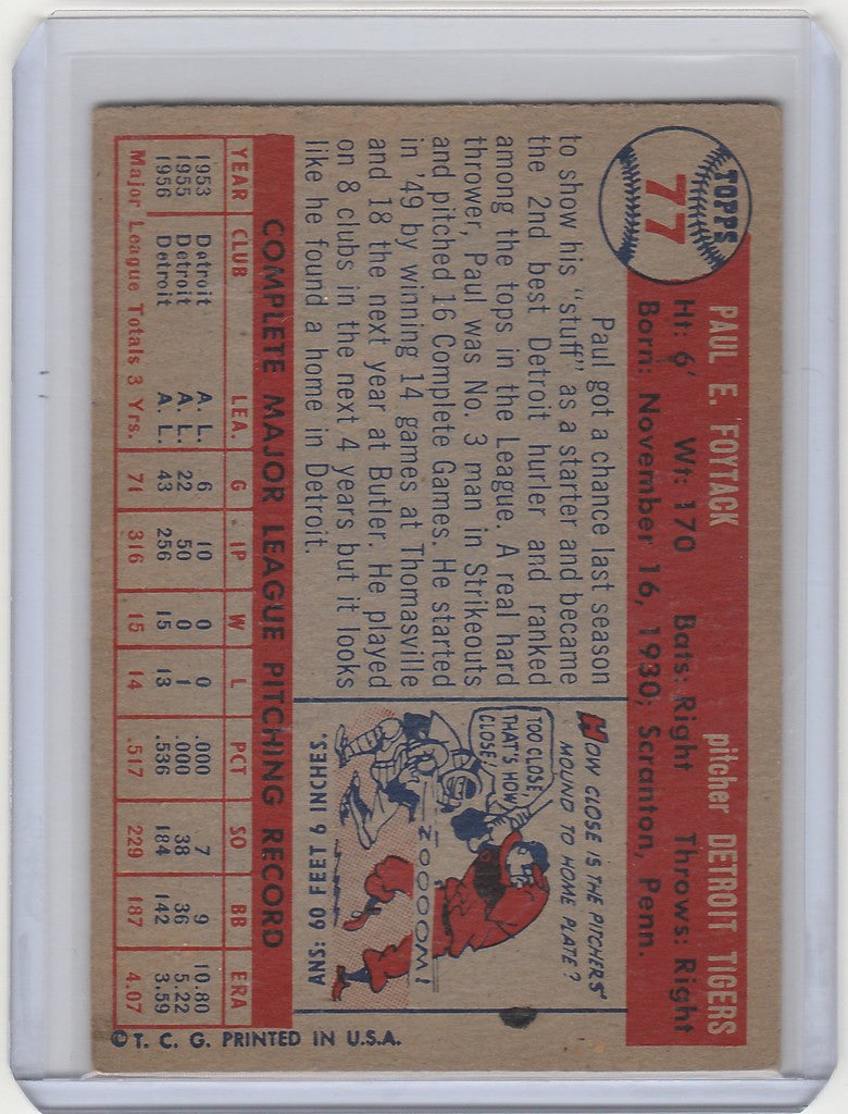 Vintage baseball card of Paul Foytack featuring player stats and illustration, EXMT