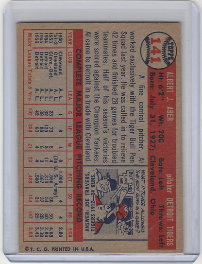 Vintage 1957 Topps #141 Al Aber card with Detroit Tigers stats and cartoon illustration