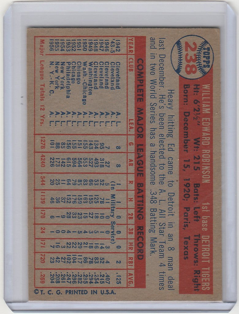 Vintage 1957 Topps #238 Eddie Robinson Detroit Tigers EXMT card showcasing player stats