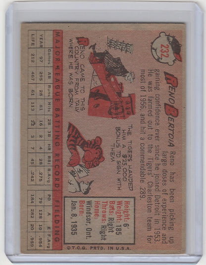 Vintage baseball card of Reno Bertoia Detroit Tigers with player stats and cartoon art