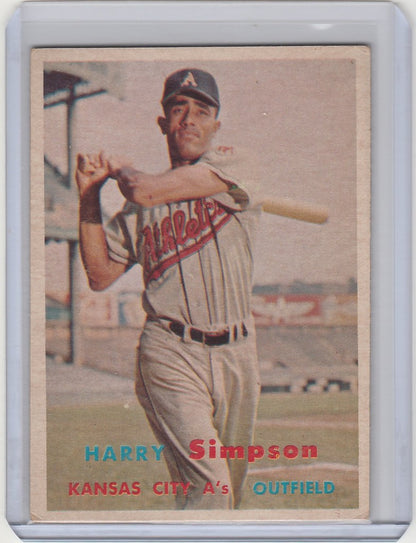 Vintage baseball card of Harry Simpson from the Kansas City Athletics in batting stance