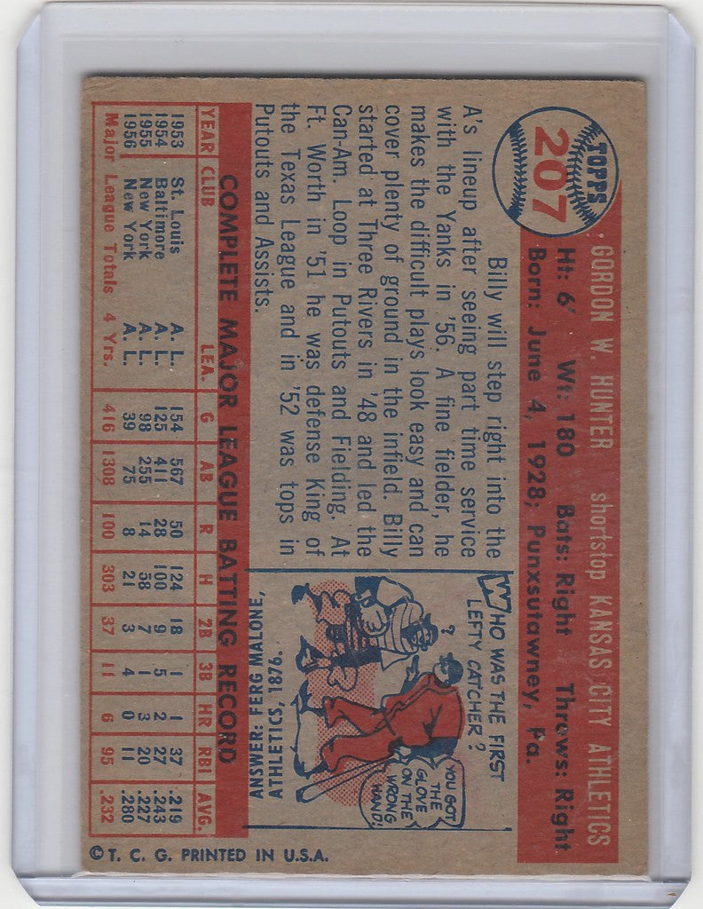 Vintage baseball card of Billy Hunter Kansas City Athletics with player stats and illustration