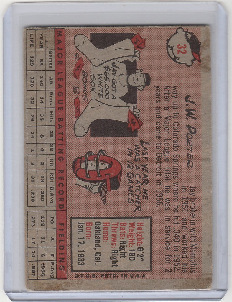 Vintage baseball card of J.W. Porter from Detroit Tigers VGEX featuring cartoon illustrations