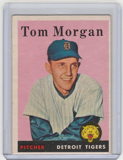 Vintage 1958 Topps Tom Morgan Detroit Tigers card with pink background