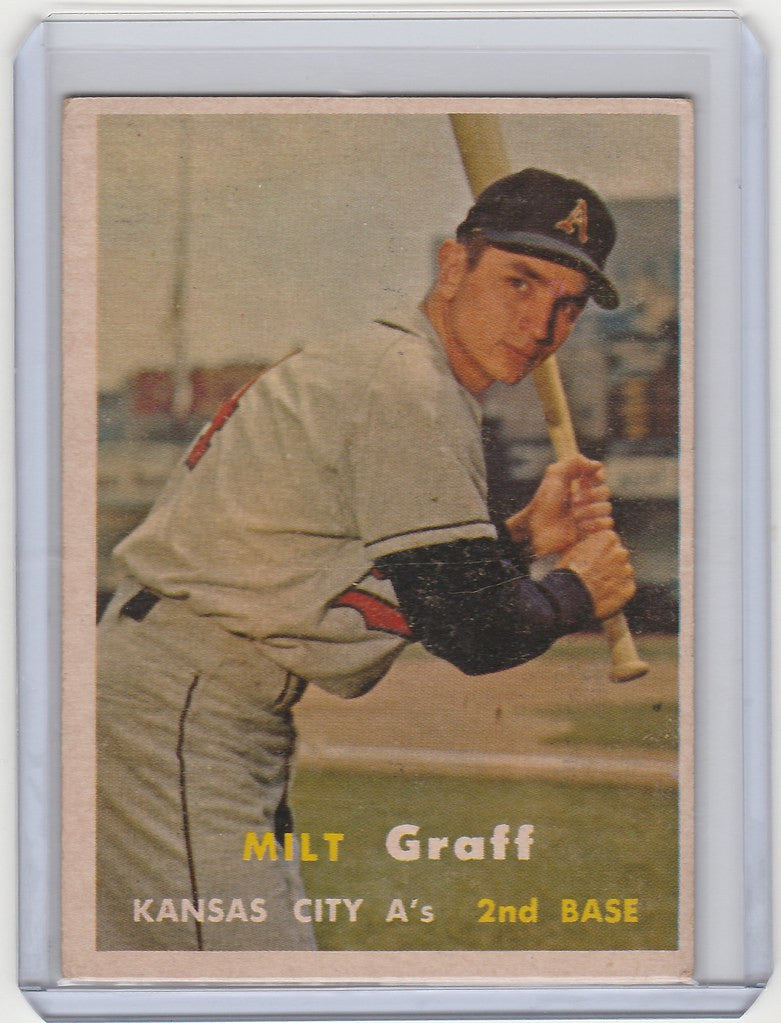 Vintage baseball card of Milt Graff, Kansas City Athletics player in batting stance